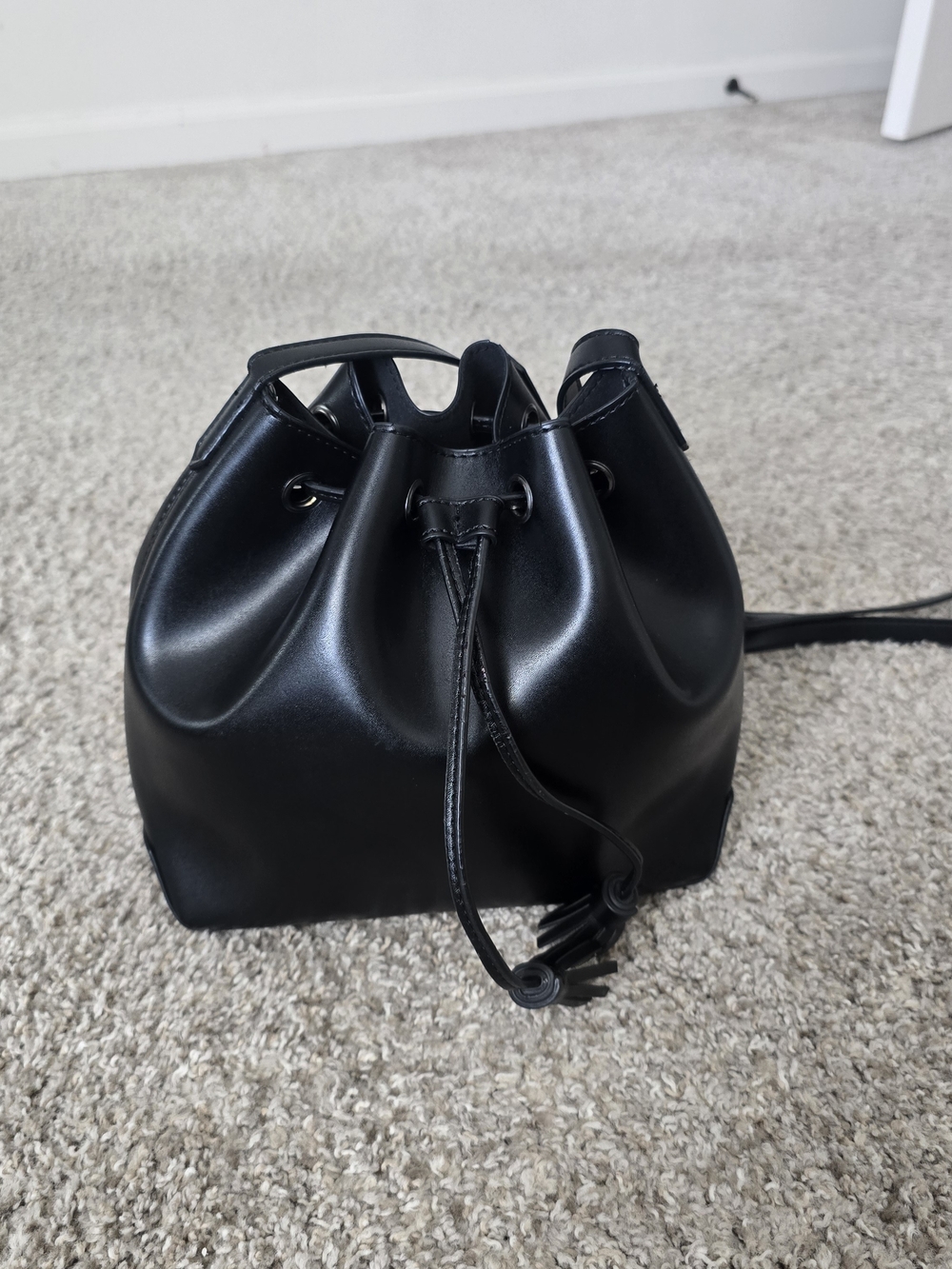 Classic Chic Black Mini Drawstring Bucket Bag Sleek, Minimalist, Quiet Luxury